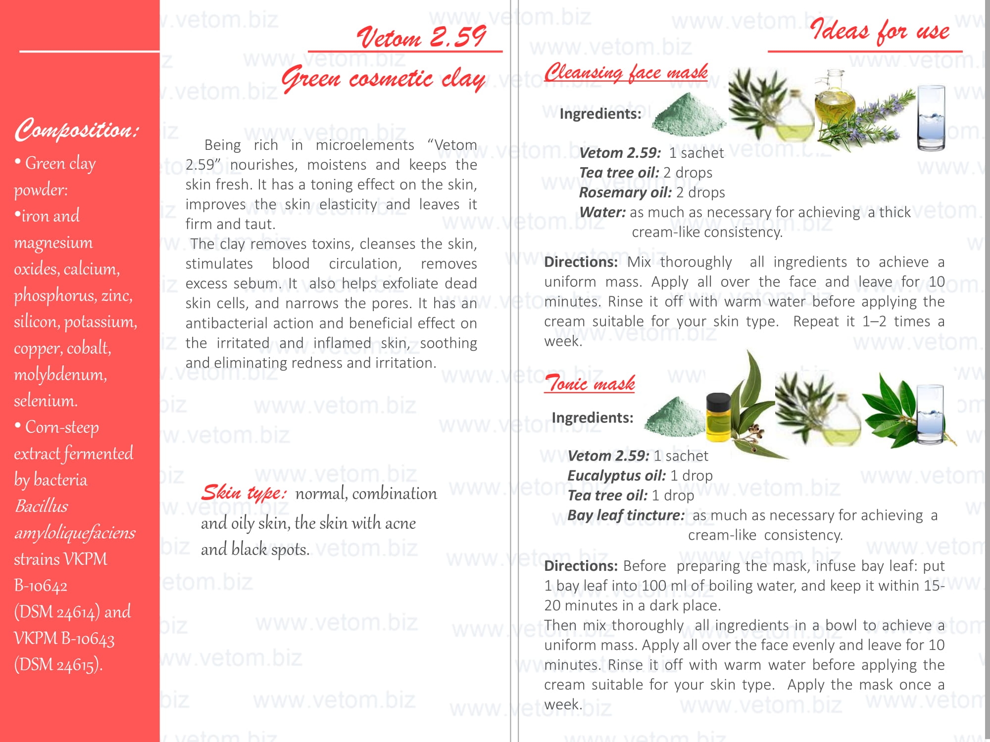 Vetom 2.59 - Green cosmetic clay for normal, combination and oily skin types, the skin with acne and black spots. Ideas for use: Cleansing face mask, Tonic mask.